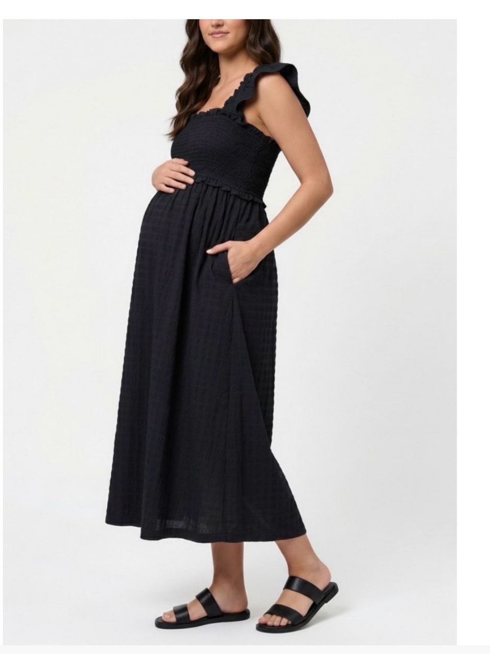Motherhood Maternity Black Sleeveless Smocked Ruffle-Shoulder Maxi Dress